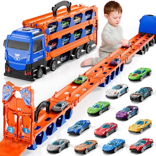 Doloowee Katapulttriebwagen für Spielzeug ab 3 Jahre,Tragbare Transport LKW Spielzeug Autos mit 12 Mini-Rennwagen, Autotransporter Spielzeug für Jungen im Alter von 3 4 5 6 7 Jahren von Doloowee