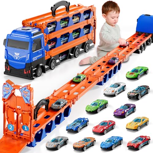 Doloowee Katapulttriebwagen für Kinder Ab 3 Jahre - Tragbare Transport LKW Mit 12 Mini-Rennwagen, Autotransporter für Jungen im Alter von 3-7 Jahren von Doloowee
