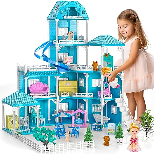 Doloowee Puppenhaus, 4 Etagen Dollhouse, Mädchen DIY Haus mit Zubehör und Puppen,Geschenk für Kinder ab 3 Jahren von Doloowee