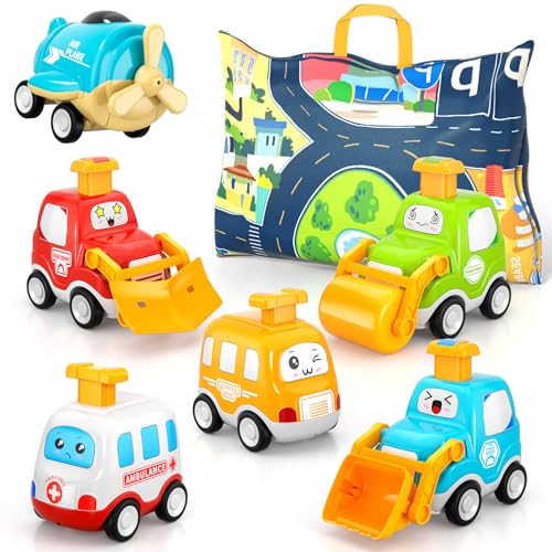 Spielzeugautos zum Zurückziehen für Kleinkinder, Autospielzeug für 1 jährige Jungen, 6 teiliges Autospielzeug, mit Spielmatten Aufbewahrung Spielzeugautos, Geschenke für 1 2 3 jährige Jungen Mädchen von Doloowee