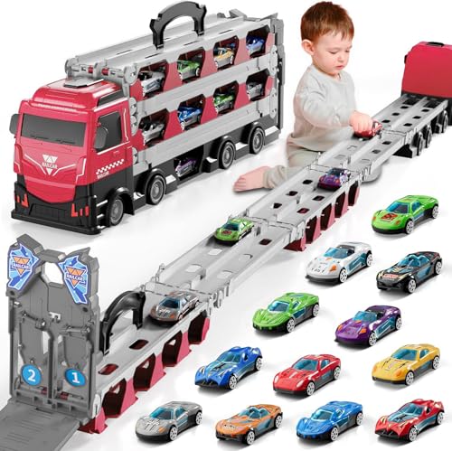 Doloowee Katapulttriebwagen für Spielzeug ab 3 Jahre,Tragbare Transport LKW Spielzeug Autos mit 12 Mini-Rennwagen, Autotransporter Spielzeug für Jungen im Alter von 3 4 5 6 7 Jahren （Rot） von Doloowee