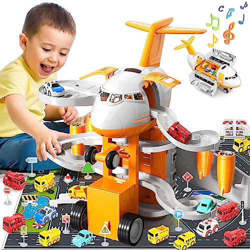 Transport Cargo Flugzeug Spielzeug für 2+ 3 Jahre alt,mit Musik und Licht Spielzeug Flugzeug Auto Spielzeug Spielset,mit 12 Fahrzeug Auto Spielzeug, Jungenspielzeug-Geschenke für 2 3 4 5 6+Jährige von Doloowee
