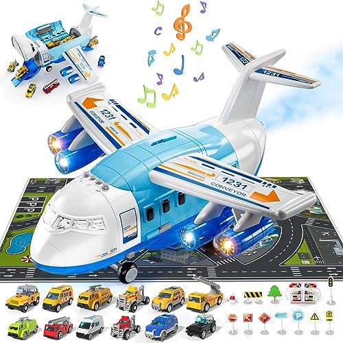 Kinder Flugzeugspielzeug –Transport und Frachtflugzeug, Auto Spielzeug Spielset – 12-teiliges Bauauto Spielzeugflugzeug, Geschenke für Jungen, Spielzeugflugzeug mit Lichtern und Geräuschen (Blau) von Doloowee