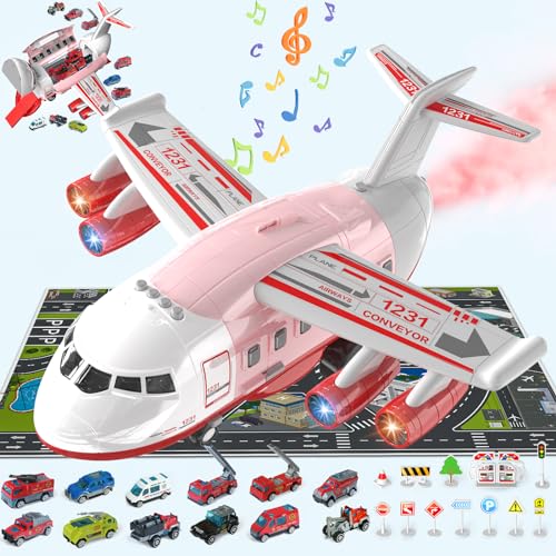Kinder Flugzeugspielzeug – Transport und Frachtflugzeug, Auto Spielzeug Spielset – 12-teiliges Bauauto Spielzeugflugzeug, Geschenke für Jungen, Spielzeugflugzeug mit Lichtern und Geräuschen (Rot) von Doloowee