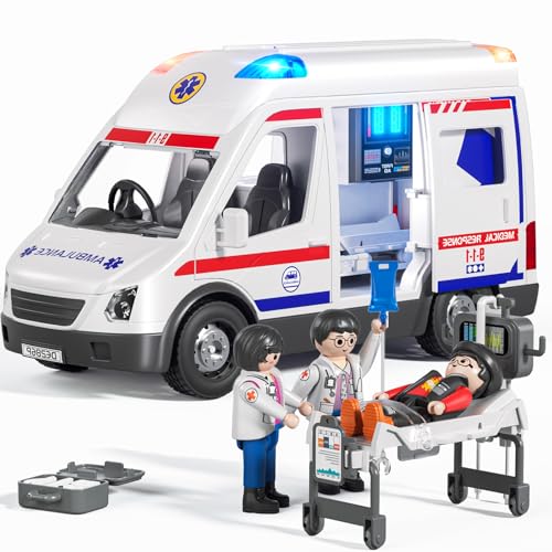 Krankenwagen Spielzeug für Kinder, elektrisches Krankenwagen Spielzeug mit Licht und Ton, Rettungsfahrzeug Spielzeug mit Trage, Lernspielzeug, Geschenk für Jungen und Kinder im Alter von 3–8 Jahren von Doloowee