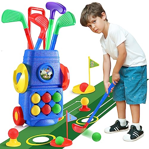 Toddler Golf Set Spielzeug für Kinder, Upgrade Golf Koffer Spiel Spiel Set mit 4 bunten Golfschläger 6 Bälle 2 Praxis Löcher und eine Putting Matte Spielzeug für Jungen Mädchen von Doloowee