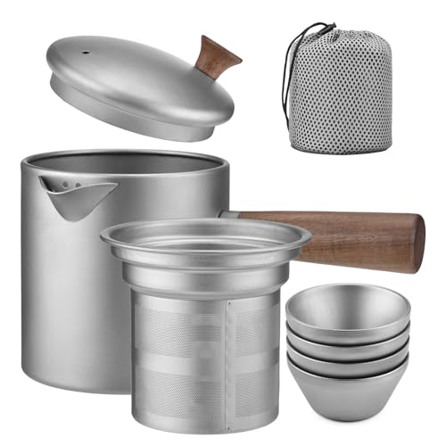 Domary Ti Tea -Kessel mit Holzgriff Tragbarer Camping -Teetopf Leichte 580 Ml für Kochende Wasserkaffee und Heiße Getränke mit Sieb Kordelstring -Tasche von Domary