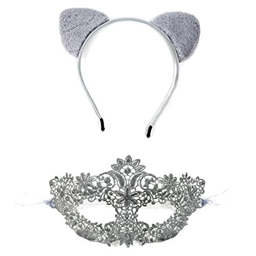 2 Stück Maskenmaske, niedliches Stirnband, halbe Gesichtsmaske, Choker-Halskette, Halloween-Party-Maske, Karnevalsmaske, Plüsch-Kopfbedeckung, 2 x Maskenmaske, Plüsch-Kopfbedeckungs-Set für Damen, von Domasvmd