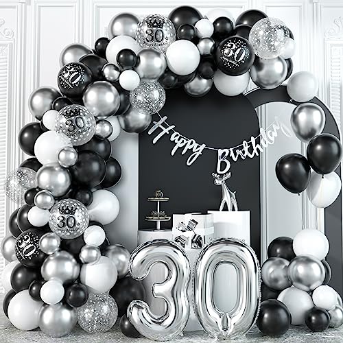 30 Geburtstag Deko Schwarz Silber Luftballon Girlande Kit mit Zahlen Folienballon Konfetti Happy Birthday Bunting Banner 30 Geburtstagdeko für 30 Jahr Mann Frau Abschluss Hochzeitstag Party Dekoration von Domgoge