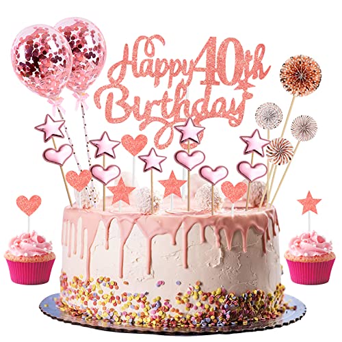 40. Geburtstag Deko Frau Rosegold Tortendeko Glitzer Happy 40th Birthday Cake Topper für 40 Jahre Alt Party Kuchen Kuchendeckel Cupake Topper Dekoration von Domgoge