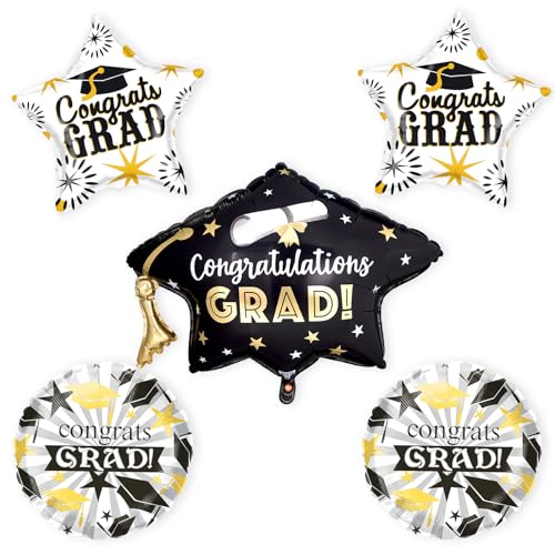 5 Stück Abschluss Deko Folienballon Abschluss Congrats Grad der Klasse 2024 Graduation Kappe Stern Ballon Class of 2024 Congratulations Grad Aluminium Mylar Luftballons Party Dekorationen Schwarz Weiß von Domgoge
