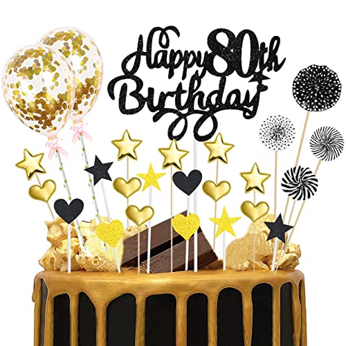 80. Geburtstag Deko Mann Schwarz Gold Tortendeko Glitzer Happy 80th Birthday Cake Topper für 80 Jahre Alt Geburtstagsparty Kuchen Kuchendeckel Cupake Topper Party Dekoration von Domgoge