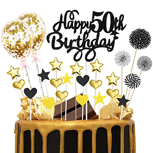 Deko 50. Geburtstag Mann Schwarz Gold Tortendeko Glitzer Happy 50th Birthday Cake Topper für 50 Jahre Alt Geburtstagsparty Kuchen Kuchendeckel Cupake Topper Party Dekoration von Domgoge