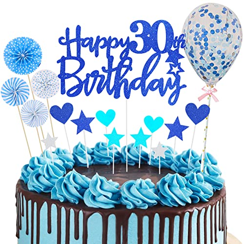 30. Geburtstag Tortendeko, Tortendeko 30 Geburtstag Mann Blau Happy 30th Birthday Cake Topper Königsblau Kuchendeckel Geburtstag mit Herz Stern Luftballon Cupcake Topper 30 Jahre Geburtstag Party Deko von Domgoge