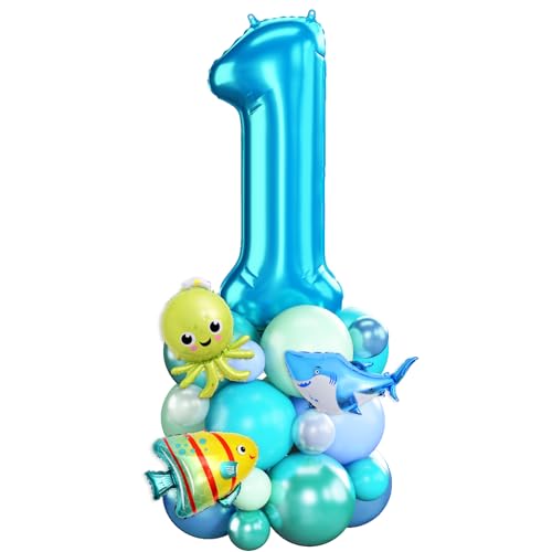 Luftballons 1. Geburtstag Junge Blau Ozean Zahlen 1 Folienballons für 1 Jahr Alt Geburtstags Deko mit Hai Fisch Shark 40 Zoll Groß Blau Grün unter dem Meer Tiere Eins Digit Ballon für Erster 1st Party von Domgoge