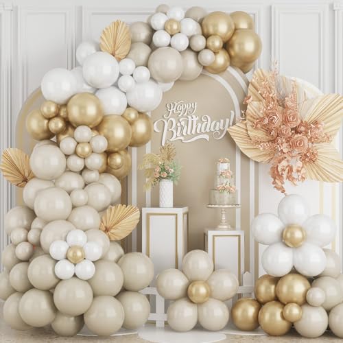 Luftballons Girlande Beige 112 Stück Retro Doppelt Gefülltes Sandweiß Gold Ballonbogen Kit mit Metallic Ballons Geburtstag Party Ballons für Boho Thema Babyparty Hochzeitstag verlobung Dekorationen von Domgoge