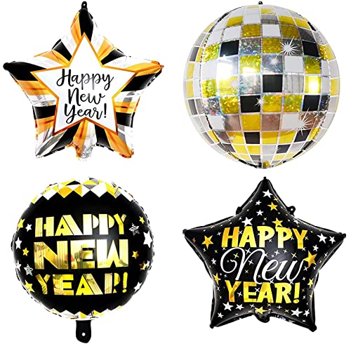 Luftballons Happy New Year 4 Stück Neujahr Folienballon Schwarz Gold Happy New Year Ballon Riese Luftballons Neujahr mit Stern Discokugel Ballons Weihnachten Neujahr Silvester 2023 Party Dekorationen von Domgoge