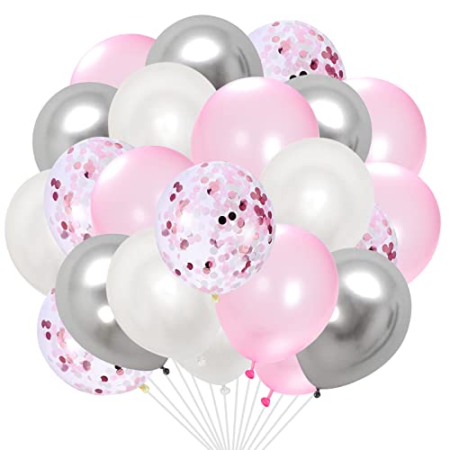 Luftballons Rosa Silber, 60 Stück 12 Zoll Luftballons Rosa Silber Weiß mit Metallic Konfetti Luftballons, Perle Hell Rosa Geburtstag Party Ballons für Hochzeitstag Verlobungs Babyparty Dekorationen von Domgoge