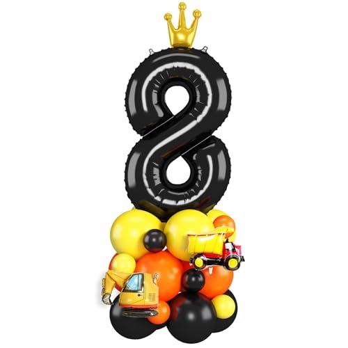 Schwarz Luftballons 8. Geburtstag Junge Bagger Zahlen 8 Folienballons für 8 Jahr Alt Geburtstags Deko mit Bauwagen 40 Zoll Groß Schwarz Orange Gelb Acht Digit Ballons für 8th Geburtstags Feier Party von Domgoge