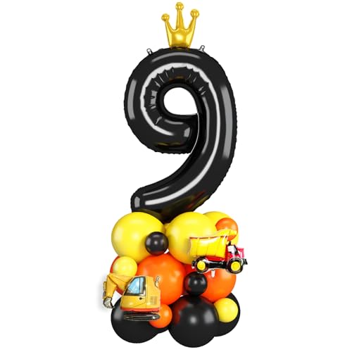 Schwarz Luftballons 9. Geburtstag Junge Bagger Zahlen 9 Folienballons für 9 Jahr Alt Geburtstags Deko mit Bauwagen 40 Zoll Groß Schwarz Orange Gelb Neun Digit Ballons für 9th Geburtstags Feier Party von Domgoge