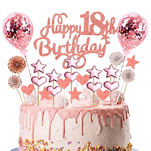 Tortendeko 18. Geburtstag, Rosegold Kuchendeckel Geburtstag, Glitzer Happy 18th Birthday Cake Topper Set mit Herz Stern Luftballons Papierfächer, Cupake Topper Dekoration für Mädchen Geburtstagsparty von Domgoge