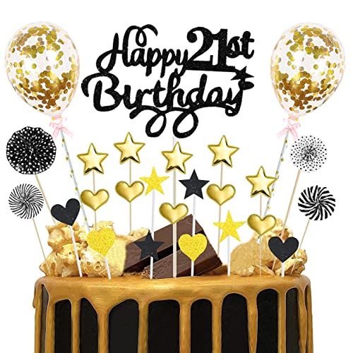 21 Geburtstag Tortendeko, Tortendeko 21 Geburtstag Mann, Schwarz Gold Happy 21st Birthday Cake Topper, Kuchendeckel Geburtstag mit Herz Stern Luftballons Cupcake Topper 21 Jahre Geburtstag Party Deko von Domgoge