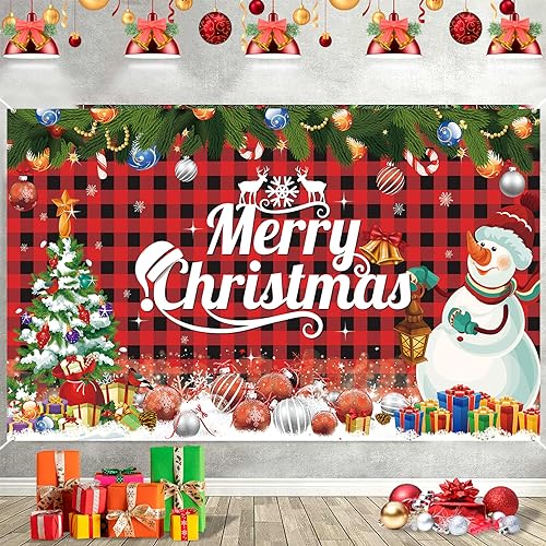 Weihnachten Banner Frohe Weihnachten Hintergrund Banner Rot Schwarz Buffalo Plaid Merry Christmas Banner Outdoor Extra Groß Schild Wand Hängend Banner für Weihnachts Xmas Neujahr Party Deko 185x110 cm von Domgoge