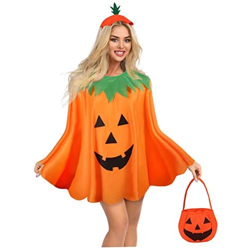 Domire Frauenkostüme, Adult Halloween Kürbiskostüm Set Mit Süßwarenbeutel & Hut, Kürbiskablade Poncho Für Halloween -party -cosplay, Halloween -dekoration, Halloween -kostüme von Domire