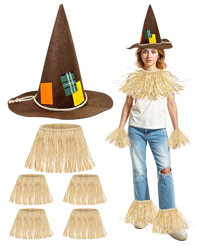 Domkier 7-teiliges Vogelscheuchen-Kostüm-Set für Erwachsene, Zauberer-Vogelscheuchen-Hut und Stroh-Set für Halloween, Cosplay, Zubehör von Domkier