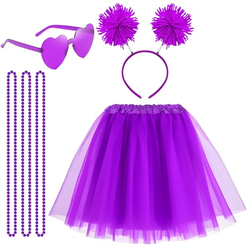 Tutu für Damen, Tutu-Zubehör-Set, Pompon, Stirnband, Tüll, Tutu, Rock, Herz, Sonnenbrille, Perlenketten, Violett, M Tutu für Damen, Tutu-Zubehör-Set, Pompon, Stirnband, Tüll, Tutu, Rock, Herz, Sonnenbrille, Perlenketten, Violett, M von Domkier