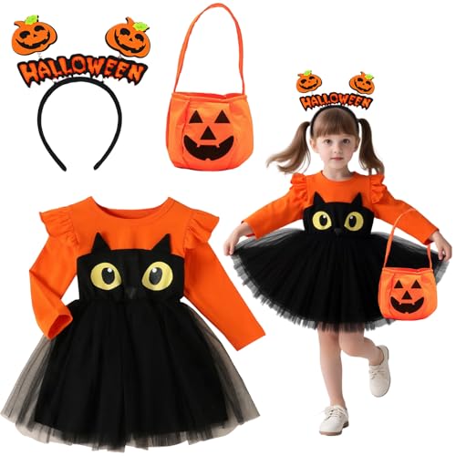 Dongcill Kürbis Kostüm Kinder, Halloween Kostüm Kürbis Kinder, Kleid Mit Haarreif ＆ Pumpkin Bag, Halloween Cosplay Kostüme, Kostüm Mädchen Für Partys, Karneva Party(L) von Dongcill