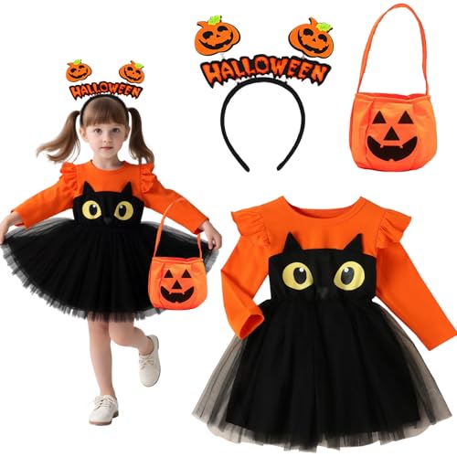 Dongcill Kürbis Kostüm Kinder, Halloween Kostüm Kürbis Kinder, Pumpkin Kleid Mit Haarreif ＆ Pumpkin Bag, Halloween Cosplay Kostüme, Kostüm Mädchen Für Partys, Karneva Party(XL) von Dongcill