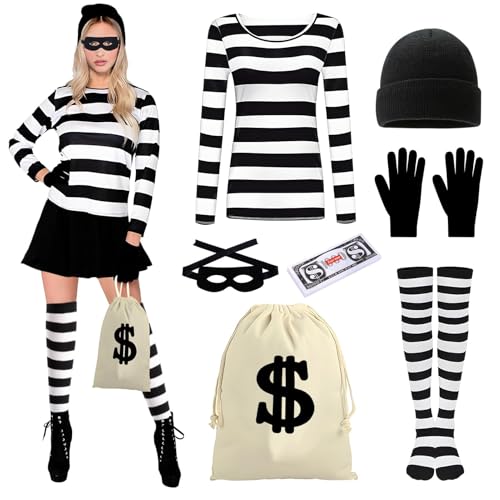 Räuber Kostüm Damen Bankräuber Kostüm Damen Dieb Kostüms Einbrecher Kostüms Banditkostüms Verbrecherkostüms Sträfling Dieb für Halloween Karneval Cosplay-7pcs Räuber Kostüm Damen Bankräuber Kostüm Damen Dieb Kostüms Einbrecher Kostüms Banditkostüms Verbrecherkostüms Sträfling Dieb für Halloween Karneval Cosplay-7pcs von Dongcill