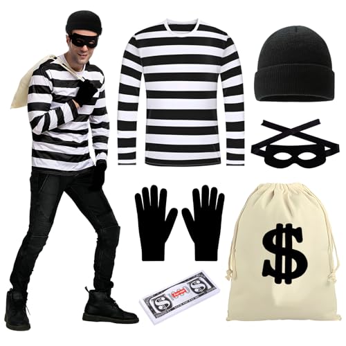 Räuber Kostüm Herren Bankräuber Kostüm Herren Dieb Kostüm Herren Einbrecher Kostüm Herren Bandit Kostüm Herren Verbrecher Kostüm Herren Kostüm Sträfling Herren für Halloween Karneval Cosplay (6pcs) von Dongcill