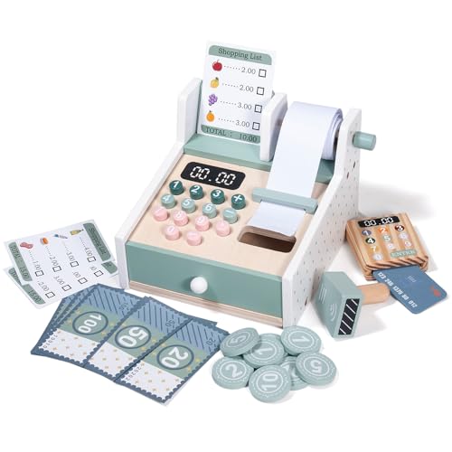Donmills Holzspielzeug Kasse für Kinder, Holzmontessori-Spielzeug für Kleinkinder, Einkaufs-Spielset, Kinderkasse mit Scanner und Schublade, pädagogisches Pretend Play Spielzeug Geschenk für Mädchen von Donmills