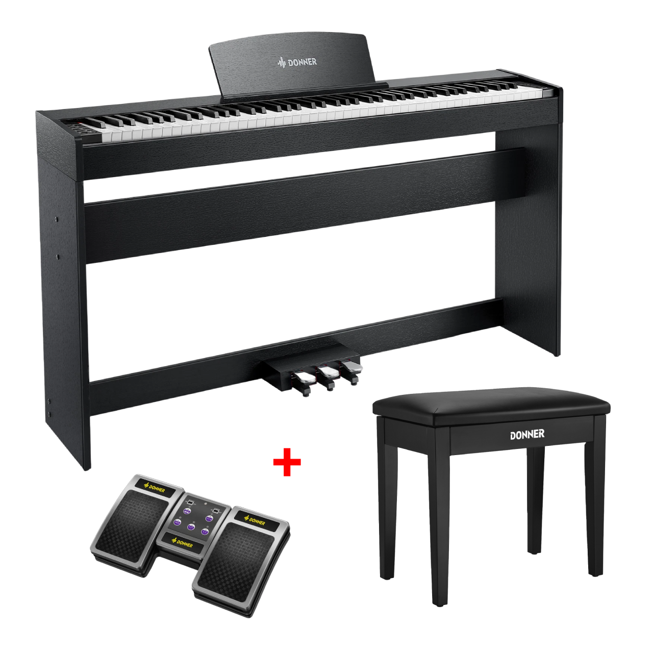 Donner DDP-50 88 Tasten Gewichtetes Digitalpiano, Schwarz / Piano + Schwarz Klavierbank + Page Turner von Donner Music - DE