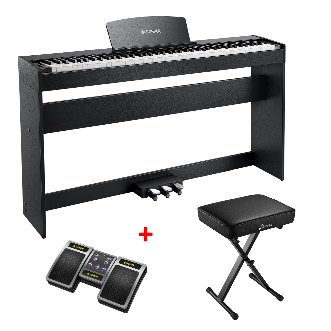 Donner DDP-50 88 Tasten Gewichtetes Digitalpiano, Schwarz / Piano + X-Form Klavierbank + Page Turner von Donner Music - DE