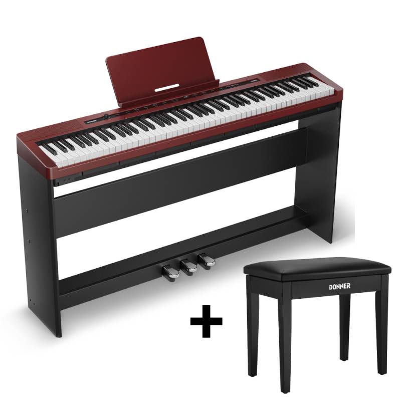 Donner DEP-16S Tragbares Digitalpiano mit Holzständer_Rot, Klavier + Bank von Donner Music - DE