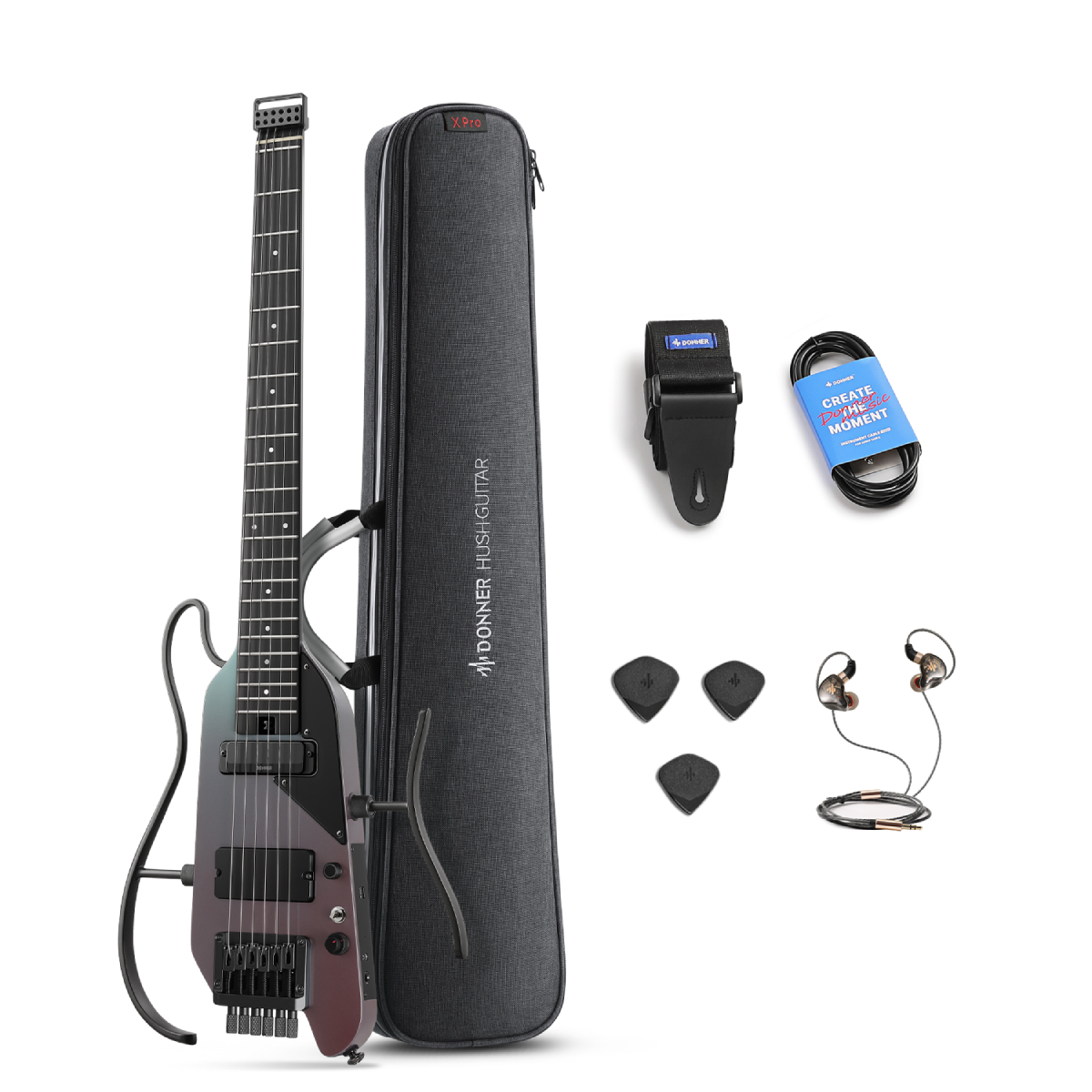 Donner HUSH™ X Pro Headless Travel E-Gitarre Kit mit 7 Ton-Simulationen & Effekten, Schwarz-Aurora von Donner Music - DE