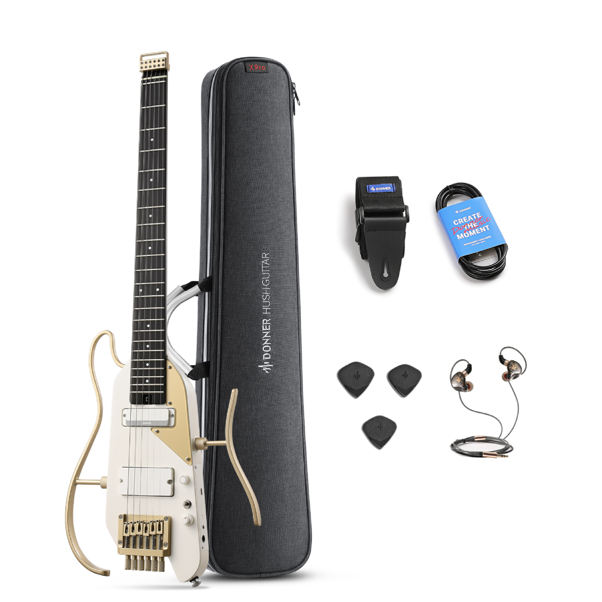 Donner HUSH™ X Pro Headless Travel E-Gitarre Kit mit 7 Ton-Simulationen & Effekten, Weiß-Gold von Donner Music - DE