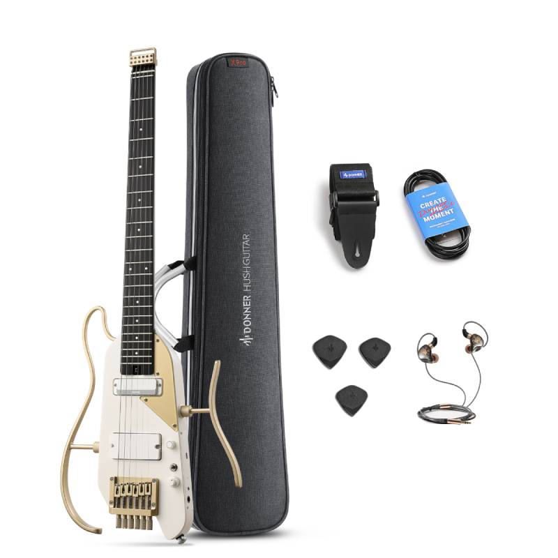 Donner HUSH™ X Pro Headless Travel E-Gitarre Kit mit 7 Ton-Simulationen & Effekten, Weiß-Gold von Donner Music - DE