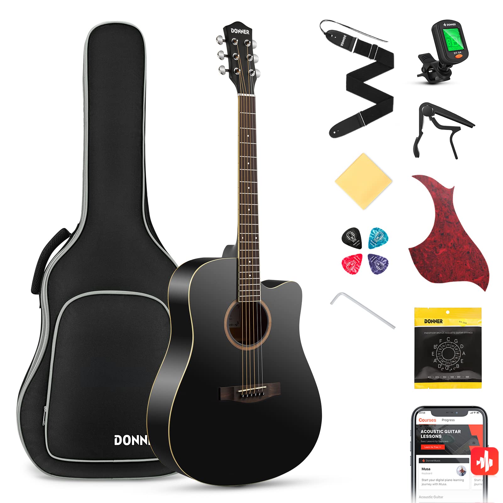 Donner DAG-1CB  Akustikgitarre Set in voller Größe Akustik Gitarre 4/4 Cutaway Anfänger Erwachsene 41 Zoll (Schwarz） - Dreadnought Cutaway von Donner