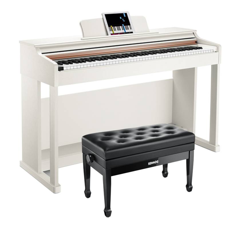 Donner DDP-100 Home Digitalpiano mit 88 Hammermechanik Tasten, Weiß / Piano + Duet höhenverstellbare Bank von Donner
