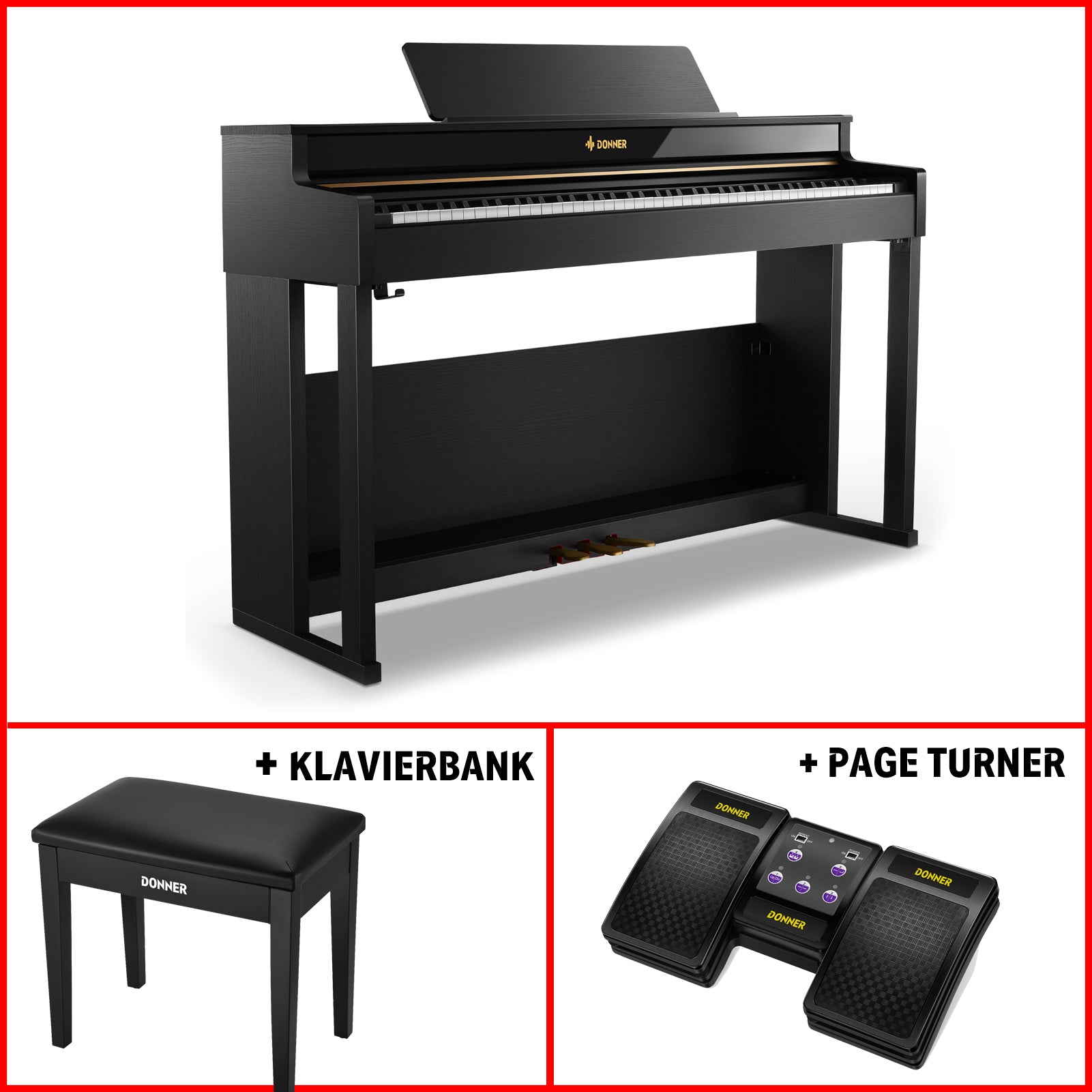 Donner DDP-400 Premium Upright Keyboard Piano mit 88 gewichteten Tasten und progressiver Hammermechanik, DDP-400 + Klavierbank + Page Turner von Donner