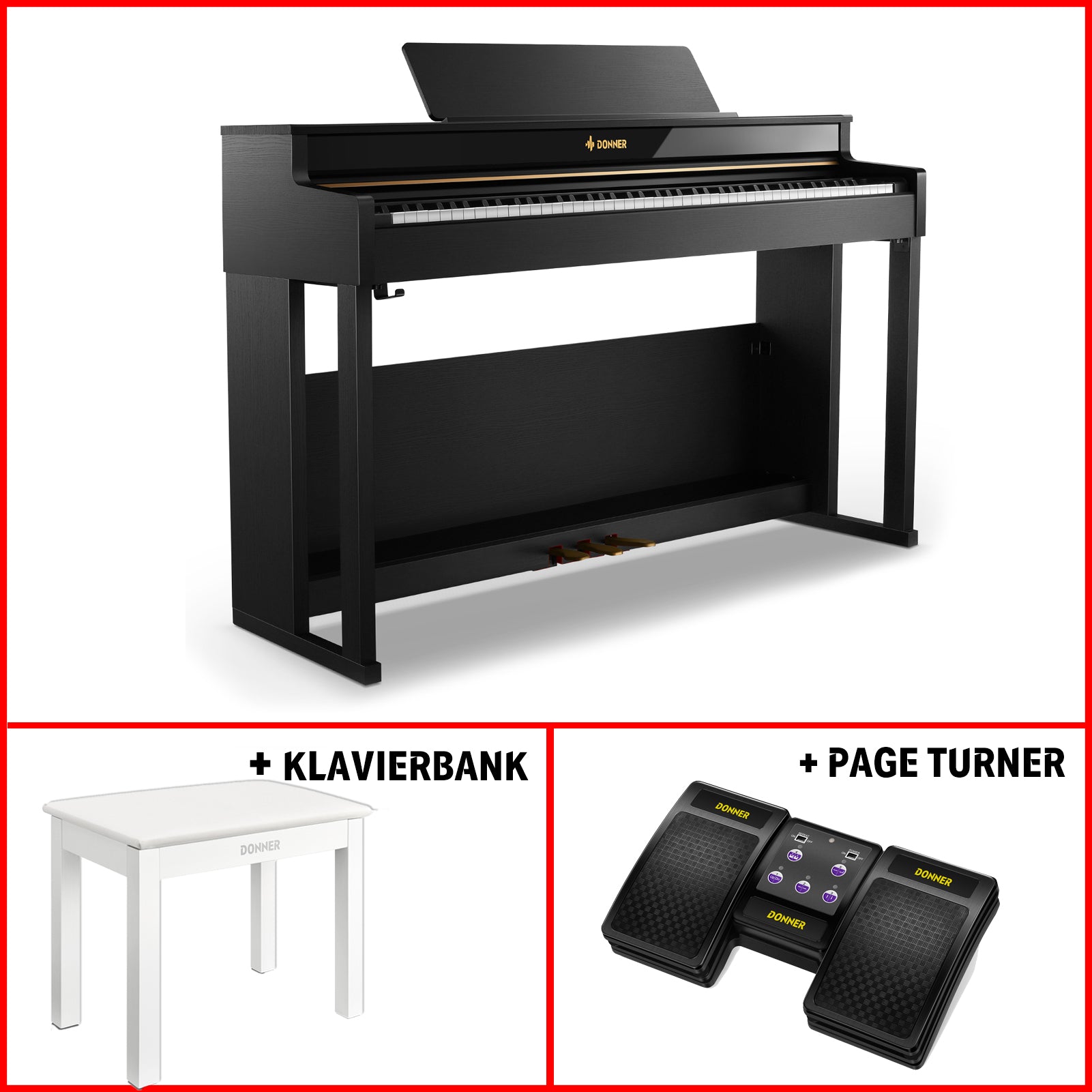 Donner DDP-400 Premium Upright Keyboard Piano mit 88 gewichteten Tasten und progressiver Hammermechanik, DDP-400 + Weiß Klavierbank + Page Turner von Donner