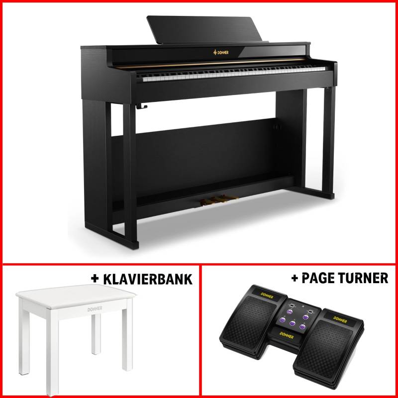 Donner DDP-400 Premium Upright Keyboard Piano mit 88 gewichteten Tasten und progressiver Hammermechanik, DDP-400 + Weiß Klavierbank + Page Turner von Donner