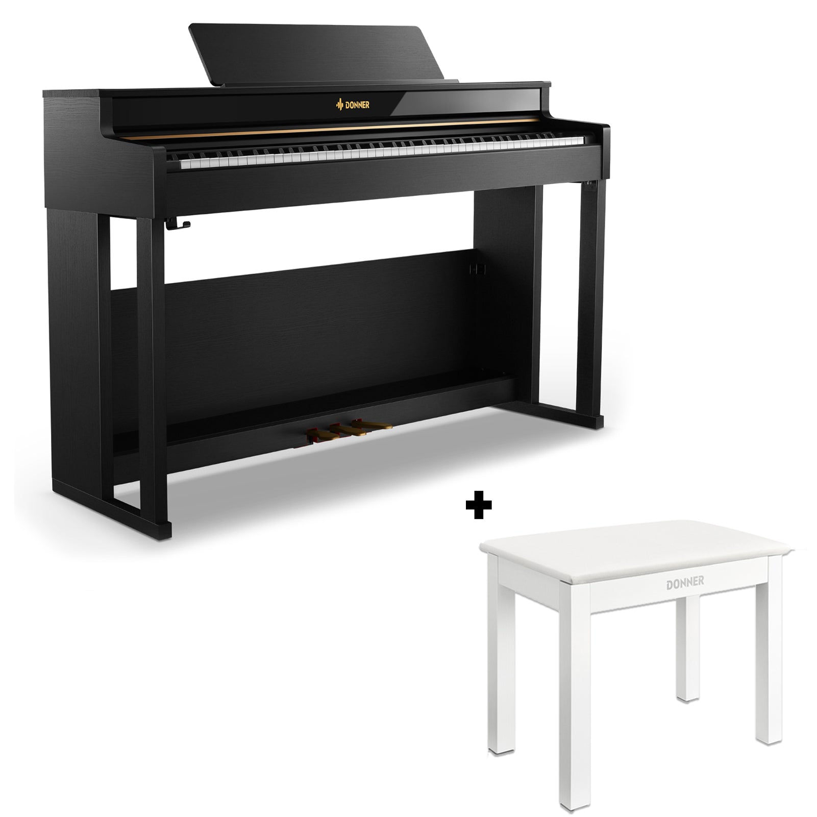 Donner DDP-400 Premium Upright Keyboard Piano mit 88 gewichteten Tasten und progressiver Hammermechanik, DDP-400 + Weiß Klavierbank von Donner