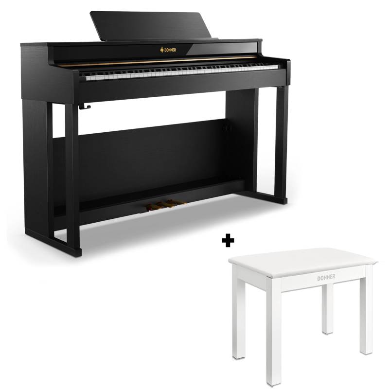 Donner DDP-400 Premium Upright Keyboard Piano mit 88 gewichteten Tasten und progressiver Hammermechanik, DDP-400 + Weiß Klavierbank von Donner