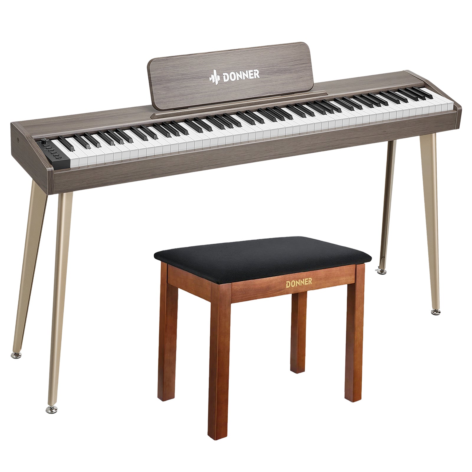 Donner DDP-60 Digitalpiano - Grau-Braun / Piano + Klavierbank Braun von Donner