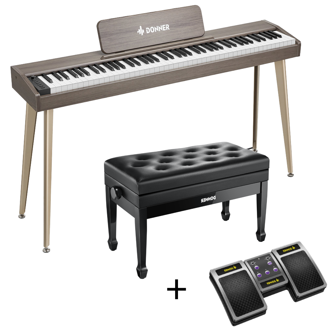Donner DDP-60 E-piano Keyboard Holzstil Home Digitalpiano, Grau-Braun / Piano + Duet höhenverstellbare Bank + Page Turner von Donner